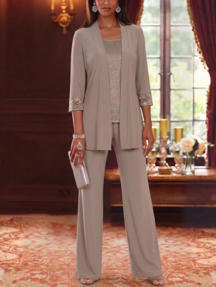3 Pieces Scoop Chiffon Mother of the Bride Pantsuits with Jacket Lace 3/4 Sleeves Floor-Length