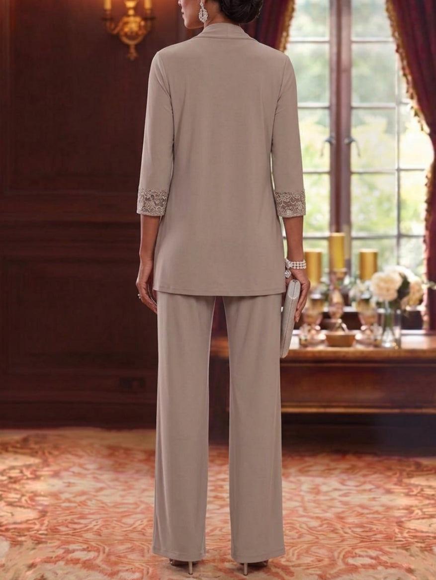 3 Pieces Scoop Chiffon Mother of the Bride Pantsuits with Jacket Lace 3/4 Sleeves Floor-Length