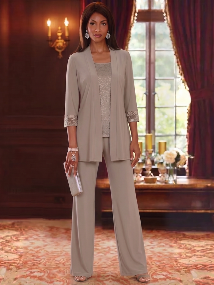 3 Pieces Scoop Chiffon Mother of the Bride Pantsuits with Jacket Lace 3/4 Sleeves Floor-Length