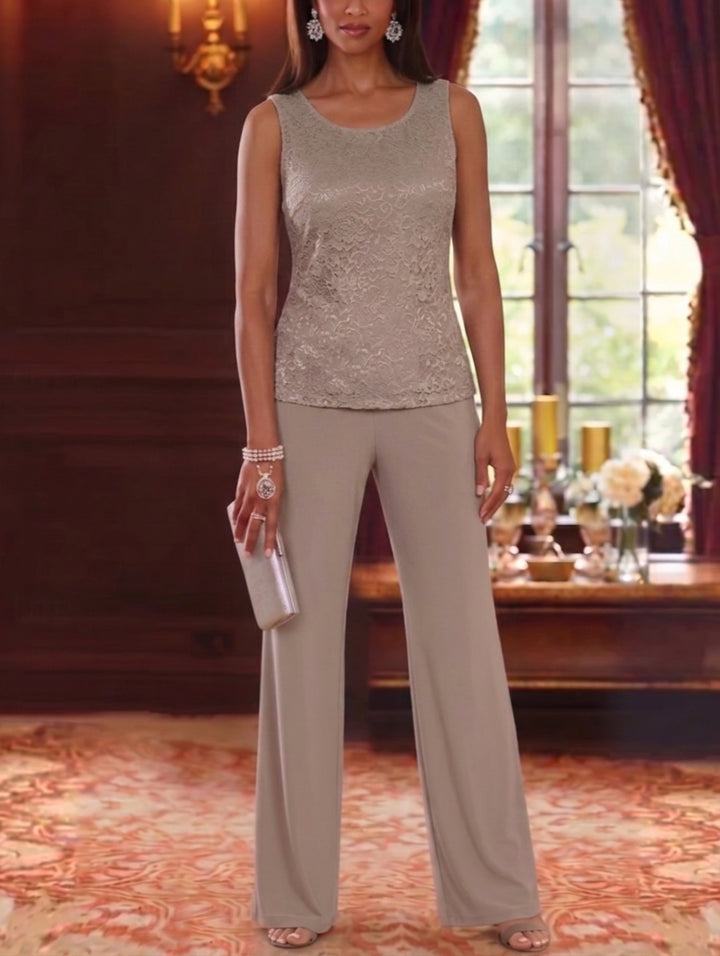 3 Pieces Scoop Chiffon Mother of the Bride Pantsuits with Jacket Lace 3/4 Sleeves Floor-Length