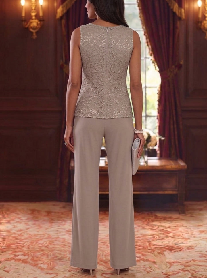 3 Pieces Scoop Chiffon Mother of the Bride Pantsuits with Jacket Lace 3/4 Sleeves Floor-Length