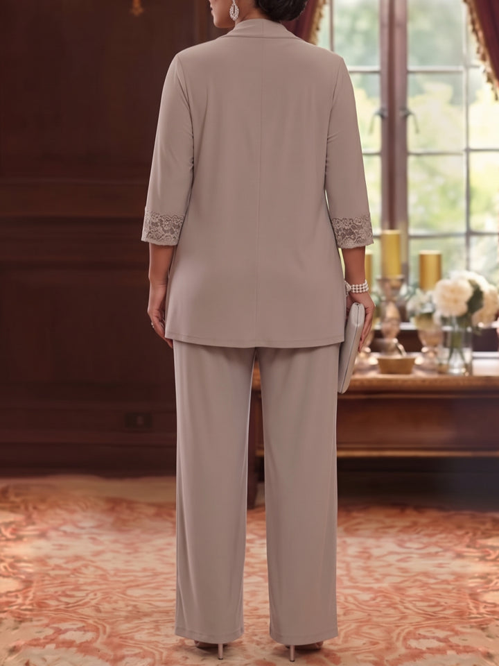 3 Pieces Scoop Chiffon Plus Size Mother of the Bride Pantsuits with Jacket Lace 3/4 Sleeves Floor-Length