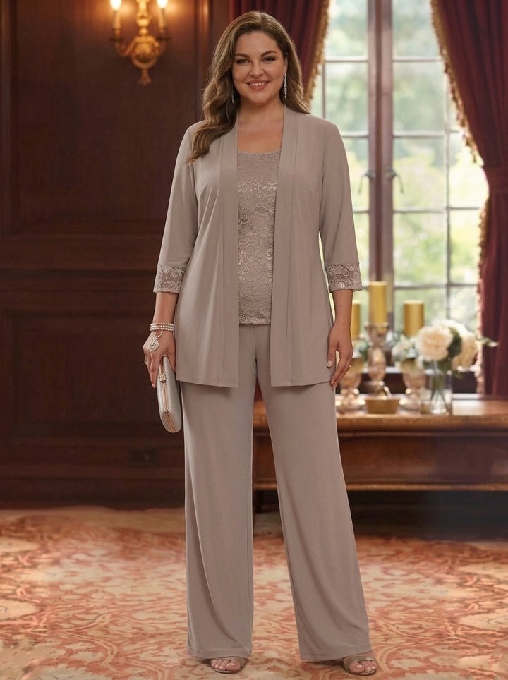 3 Pieces Scoop Chiffon Plus Size Mother of the Bride Pantsuits with Jacket Lace 3/4 Sleeves Floor-Length