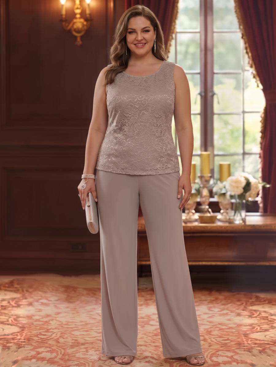 3 Pieces Scoop Chiffon Plus Size Mother of the Bride Pantsuits with Jacket Lace 3/4 Sleeves Floor-Length