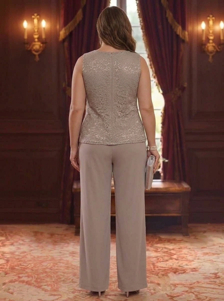 3 Pieces Scoop Chiffon Plus Size Mother of the Bride Pantsuits with Jacket Lace 3/4 Sleeves Floor-Length