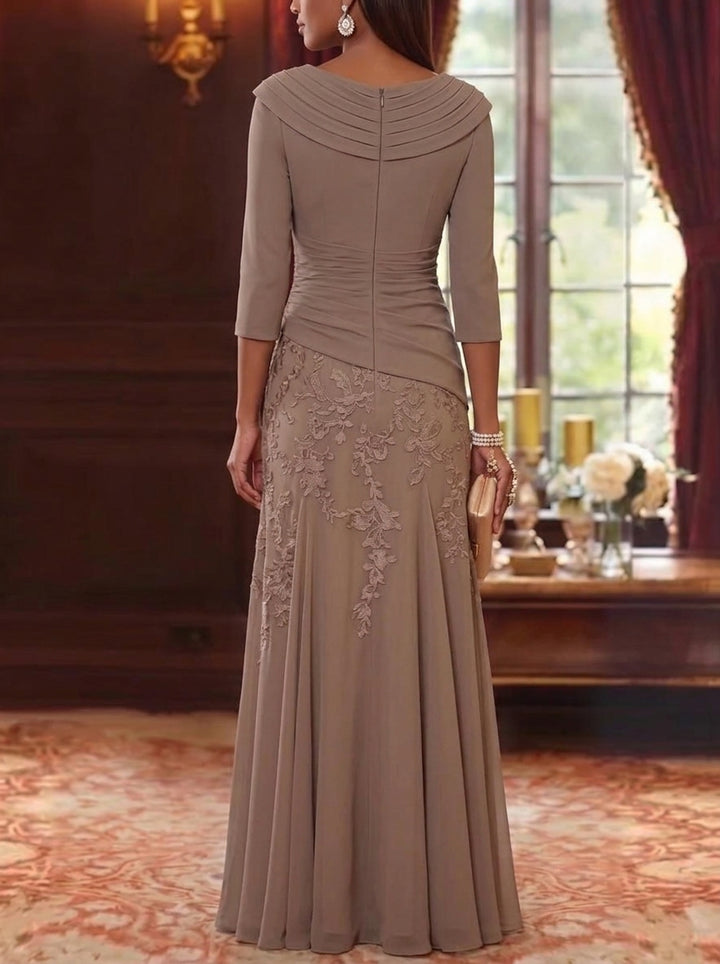 A-Line/Princess V-Neck Chiffon Mother of the Bride Dresses Lace 3/4 Sleeves Floor-Length Ruched