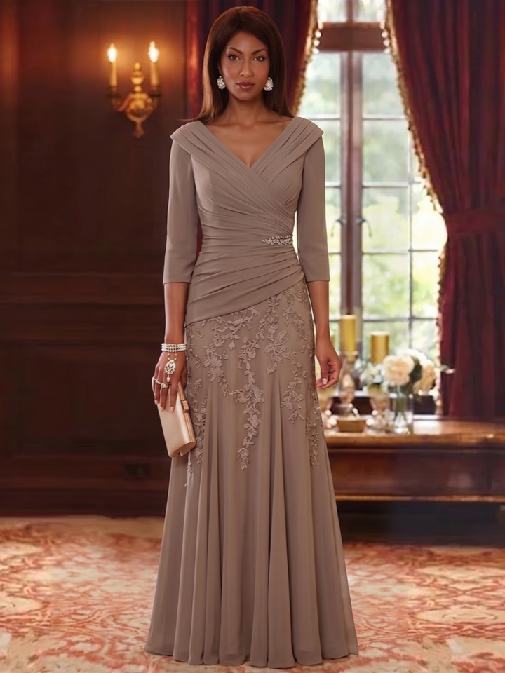 A-Line/Princess V-Neck Chiffon Mother of the Bride Dresses Lace 3/4 Sleeves Floor-Length Ruched