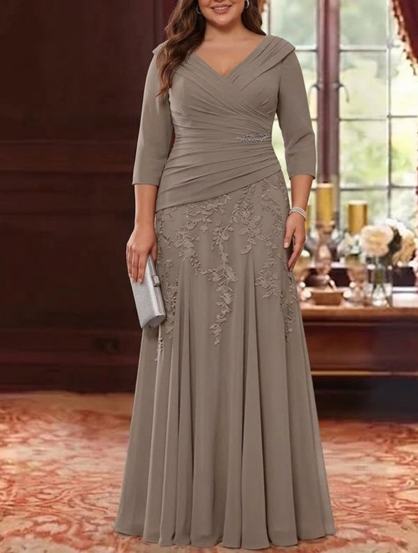 A-Line/Princess V-Neck Chiffon Plus Size Mother of the Bride Dresses Lace 3/4 Sleeves Floor-Length Ruched