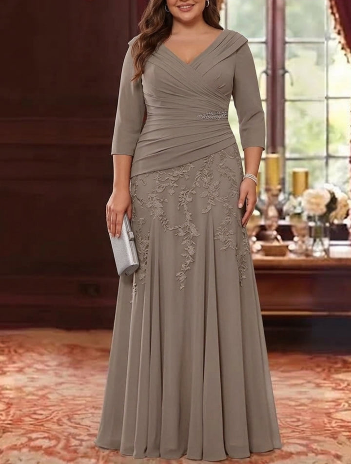 A-Line/Princess V-Neck Chiffon Plus Size Mother of the Bride Dresses Lace 3/4 Sleeves Floor-Length Ruched