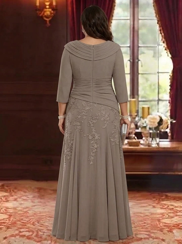 A-Line/Princess V-Neck Chiffon Plus Size Mother of the Bride Dresses Lace 3/4 Sleeves Floor-Length Ruched