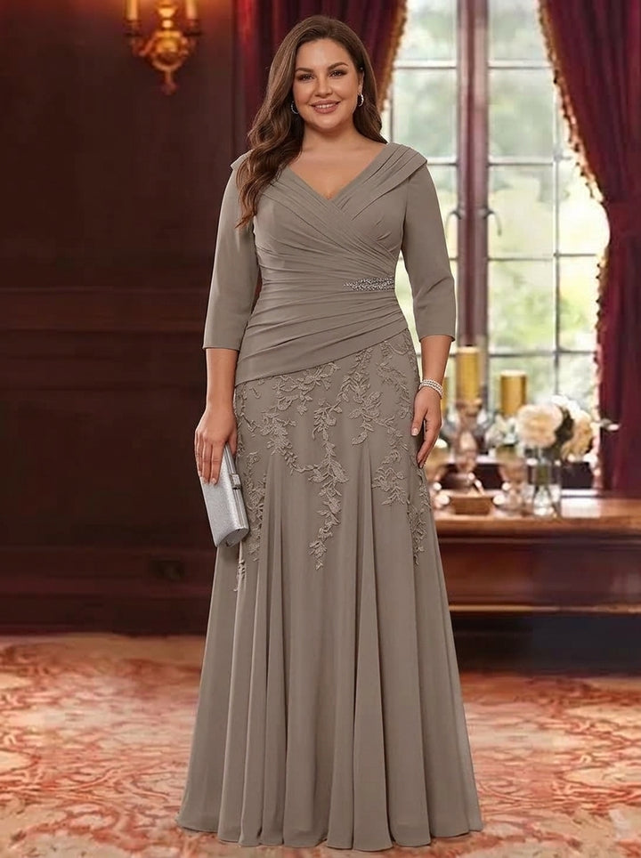 A-Line/Princess V-Neck Chiffon Plus Size Mother of the Bride Dresses Lace 3/4 Sleeves Floor-Length Ruched