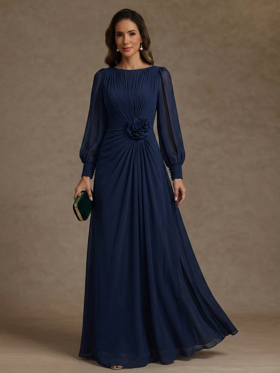 A-Line/Princess Scoop Chiffon Mother of the Bride Dresses with 3D Flower Floor-Length Long Sleeves