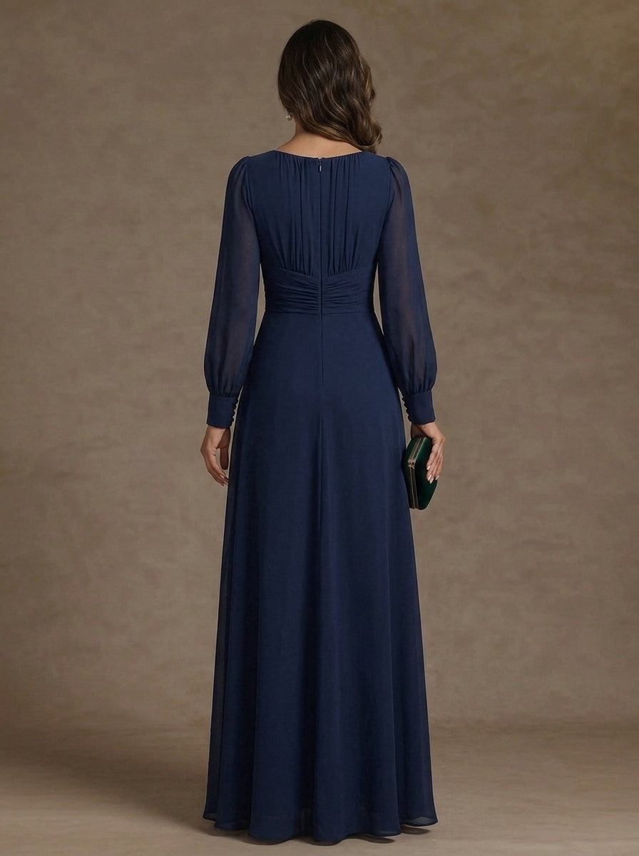 A-Line/Princess Scoop Chiffon Mother of the Bride Dresses with 3D Flower Floor-Length Long Sleeves