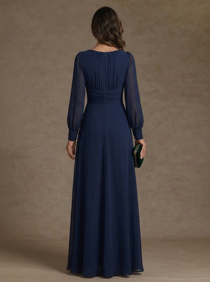 A-Line/Princess Scoop Chiffon Mother of the Bride Dresses with 3D Flower Floor-Length Long Sleeves