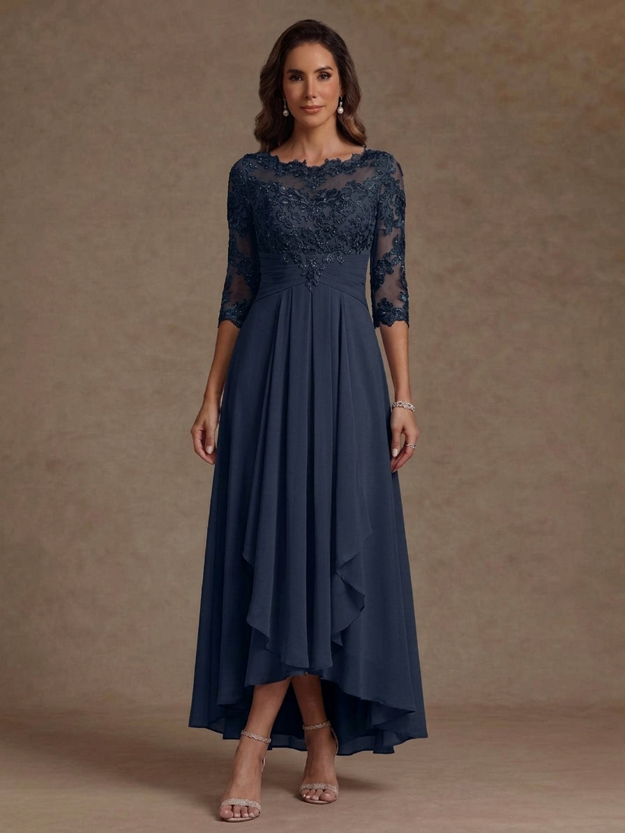 A-Line/Princess Scoop Chiffon Mother of the Bride Dresses Lace Ruffles Asymmetrical Ankle-Length 3/4 Sleeves