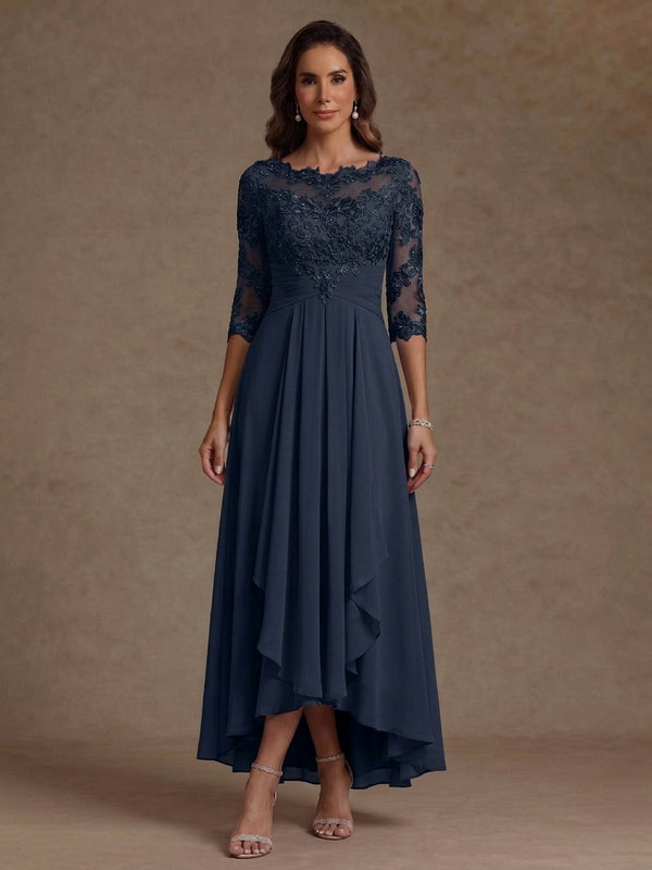 A-Line/Princess Scoop Chiffon Mother of the Bride Dresses Lace Ruffles Asymmetrical Ankle-Length 3/4 Sleeves
