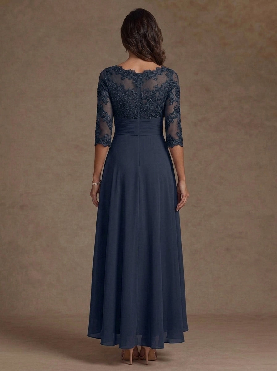 A-Line/Princess Scoop Chiffon Mother of the Bride Dresses Lace Ruffles Asymmetrical Ankle-Length 3/4 Sleeves