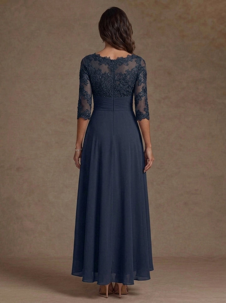 A-Line/Princess Scoop Chiffon Mother of the Bride Dresses Lace Ruffles Asymmetrical Ankle-Length 3/4 Sleeves