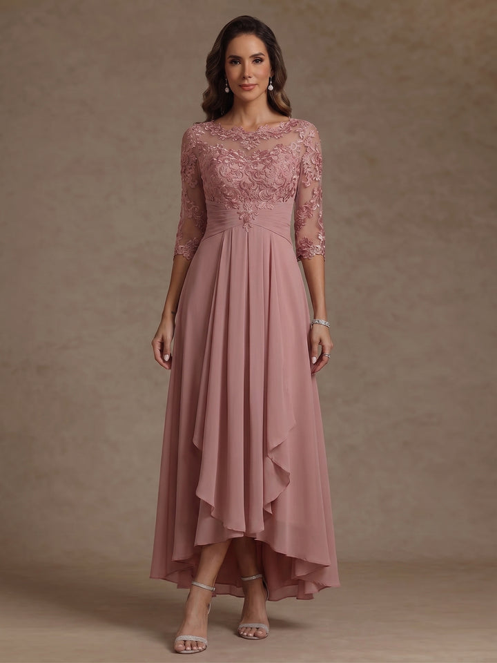 A-Line/Princess Scoop Chiffon Mother of the Bride Dresses Lace Ruffles Asymmetrical Ankle-Length 3/4 Sleeves