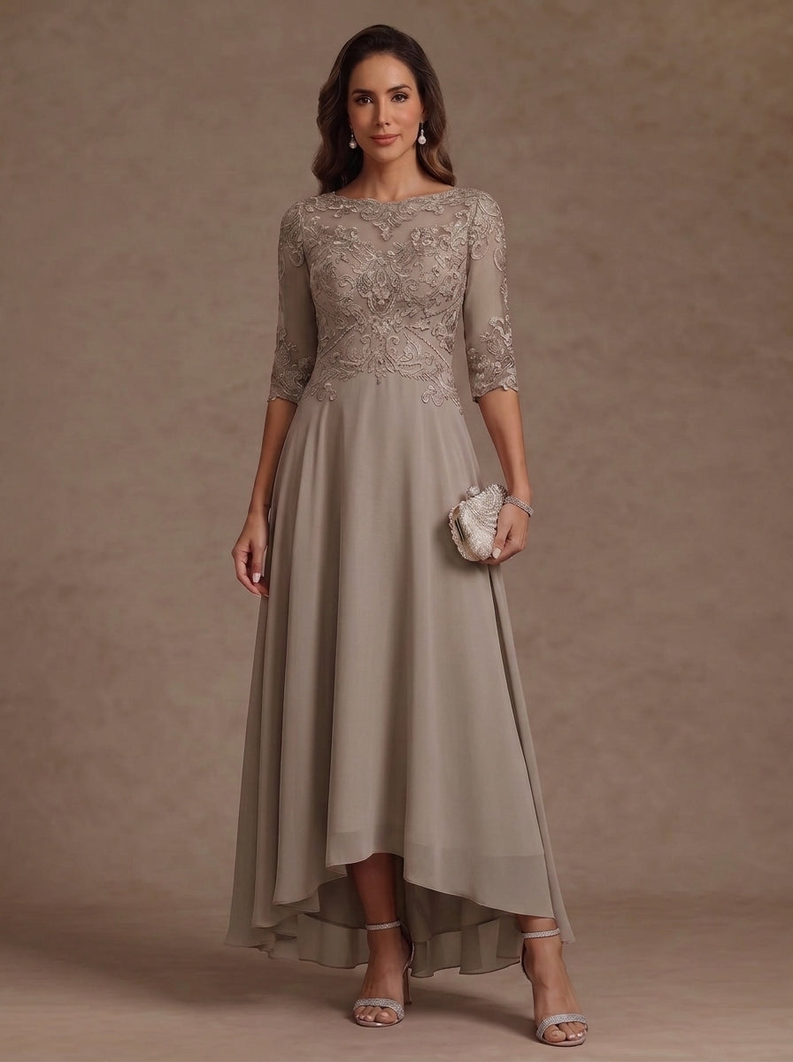 A-Line/Princess Scoop Chiffon Mother of the Bride Dresses Lace Asymmetrical Ankle-Length 3/4 Sleeves