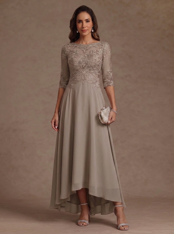 A-Line/Princess Scoop Chiffon Mother of the Bride Dresses Lace Asymmetrical Ankle-Length 3/4 Sleeves