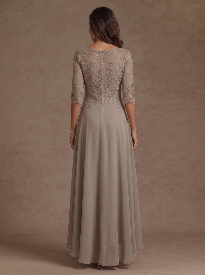A-Line/Princess Scoop Chiffon Mother of the Bride Dresses Lace Asymmetrical Ankle-Length 3/4 Sleeves