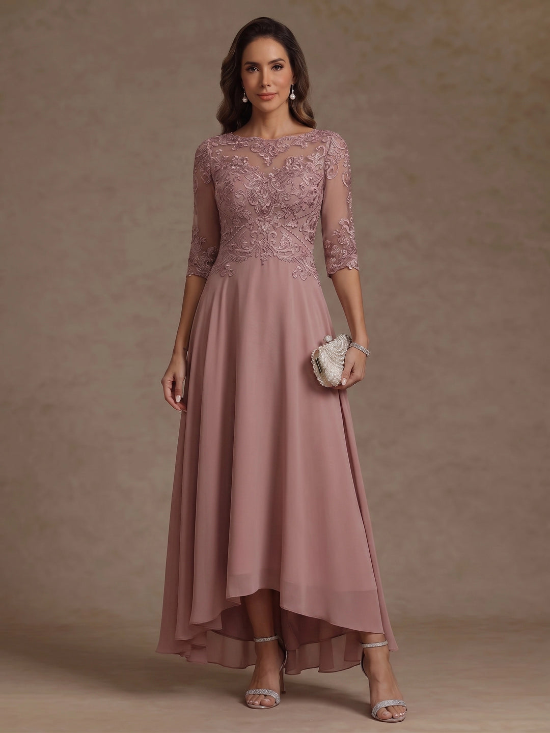 A-Line/Princess Scoop Chiffon Mother of the Bride Dresses Lace Asymmetrical Ankle-Length 3/4 Sleeves