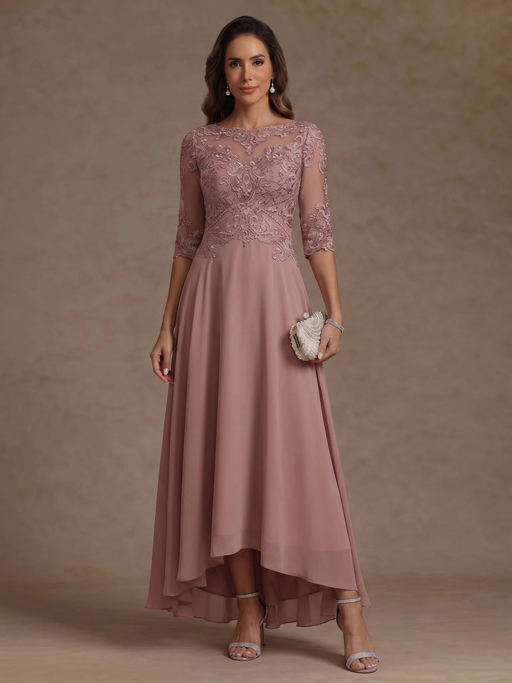 A-Line/Princess Scoop Chiffon Mother of the Bride Dresses Lace Asymmetrical Ankle-Length 3/4 Sleeves