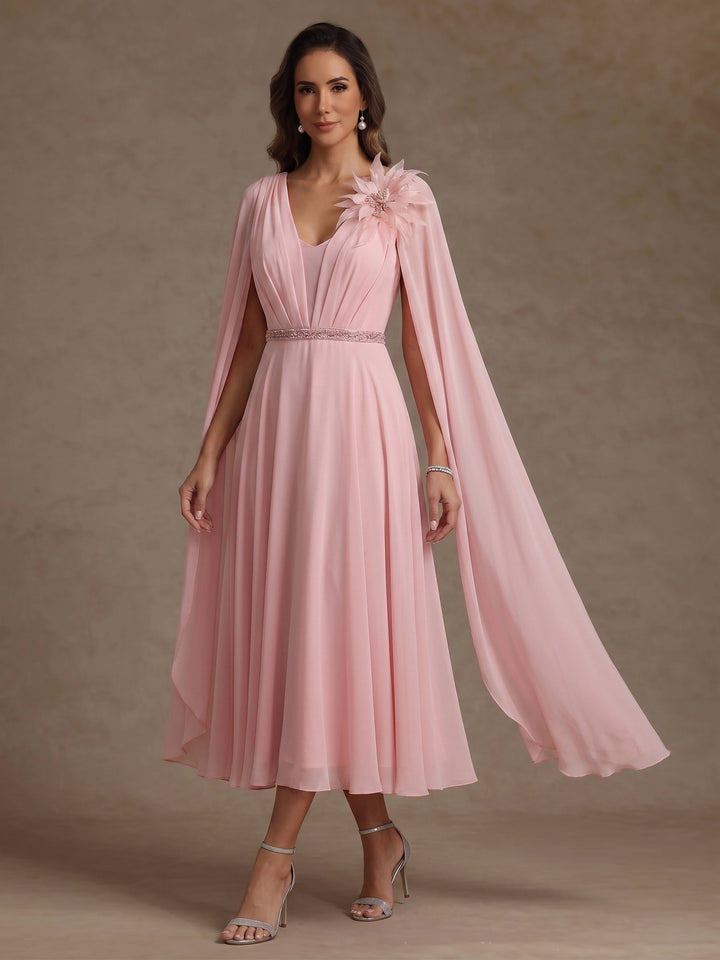 A-Line/Princess V-Neck Chiffon Mother of the Bride Dresses with 3D Flower Tea-Length Cape Sleeves