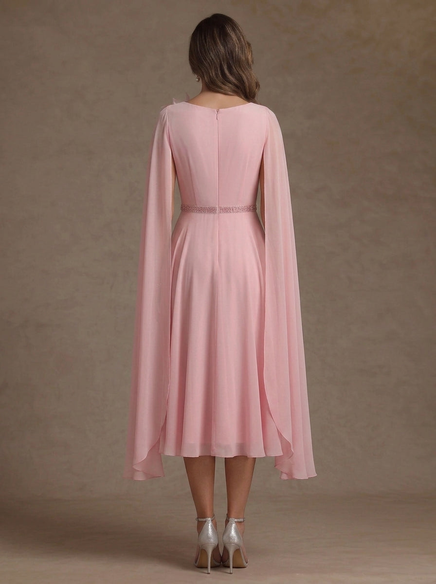 A-Line/Princess V-Neck Chiffon Mother of the Bride Dresses with 3D Flower Tea-Length Cape Sleeves