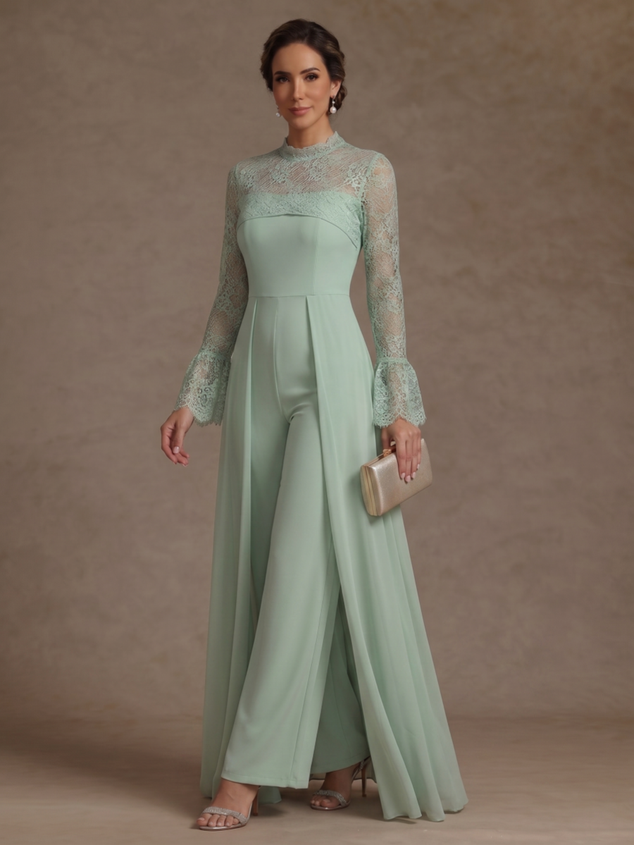 Jumpsuit Mock Neck Chiffon Mother of the Bride Pantsuits with Overskirt Lace Floor-Length Long Sleeves