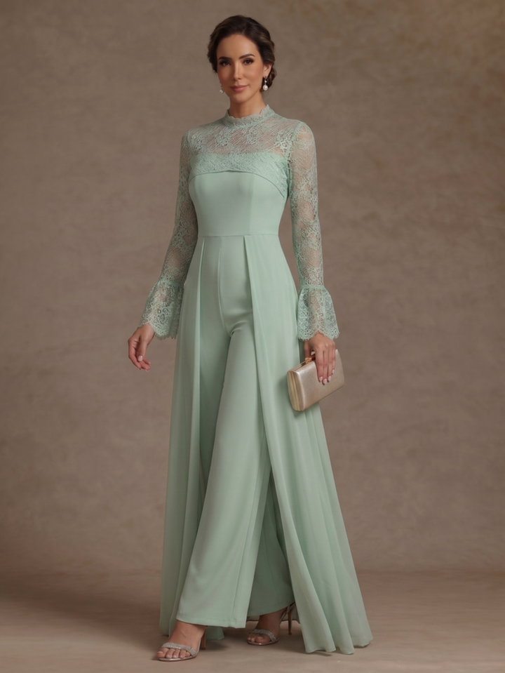 Jumpsuit Mock Neck Chiffon Mother of the Bride Pantsuits with Overskirt Lace Floor-Length Long Sleeves