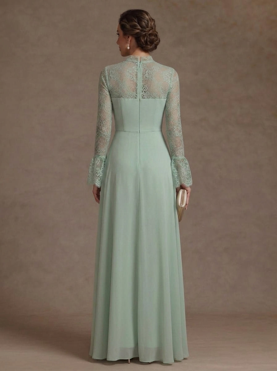 Jumpsuit Mock Neck Chiffon Mother of the Bride Pantsuits with Overskirt Lace Floor-Length Long Sleeves