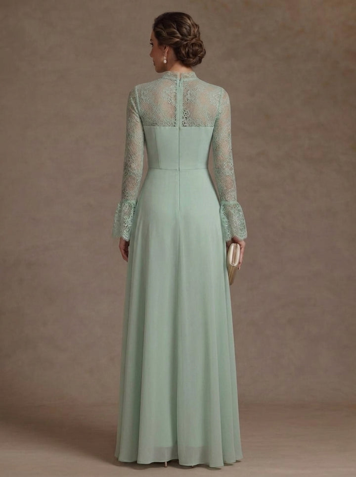 Jumpsuit Mock Neck Chiffon Mother of the Bride Pantsuits with Overskirt Lace Floor-Length Long Sleeves