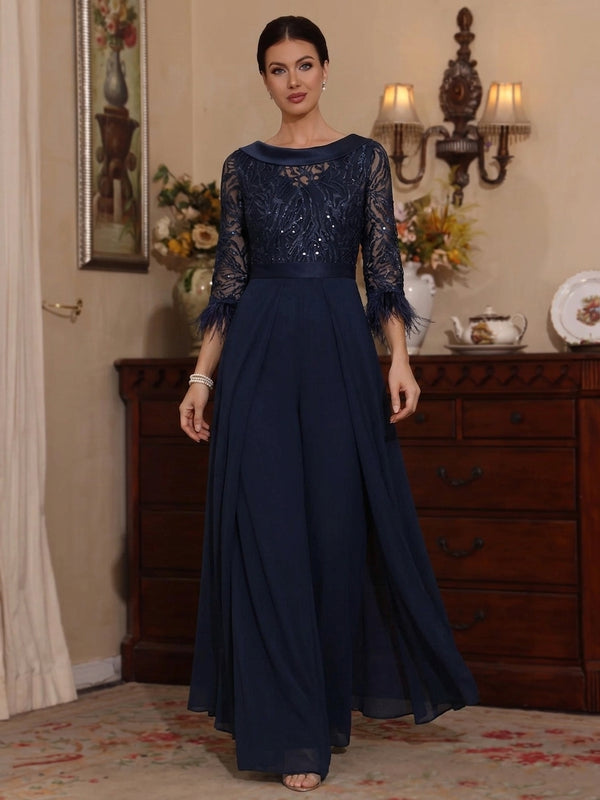 Jumpsuit Jewel Neck Chiffon Mother of the Bride Pantsuits with Overskirt Sequins Floor-Length Feathers 3/4 Sleeves