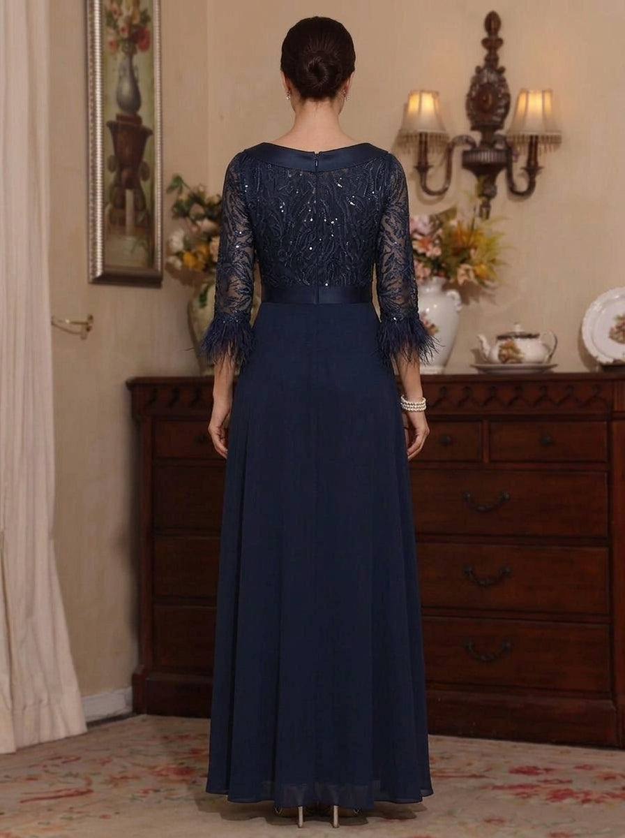 Jumpsuit Jewel Neck Chiffon Mother of the Bride Pantsuits with Overskirt Sequins Floor-Length Feathers 3/4 Sleeves