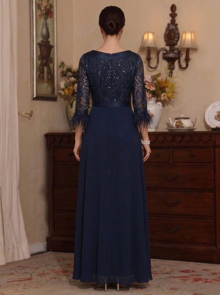 Jumpsuit Jewel Neck Chiffon Mother of the Bride Pantsuits with Overskirt Sequins Floor-Length Feathers 3/4 Sleeves