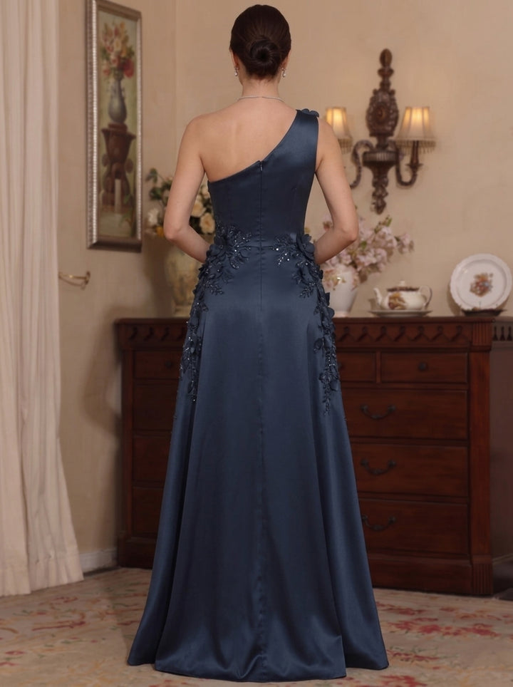 A-Line/Princess One-Shoulder Satin Mother of the Bride Dresses with Overskirt&3D Flowers Floor-Length Split Side Sleeveless