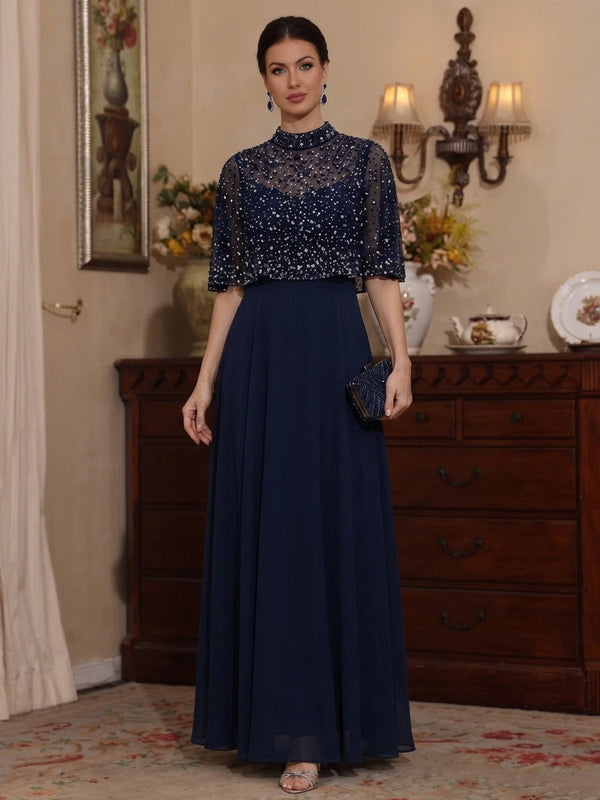 A-Line/Princess Mock Neck Chiffon Mother of the Bride Dresses Beading Floor-Length Cape Sleeves