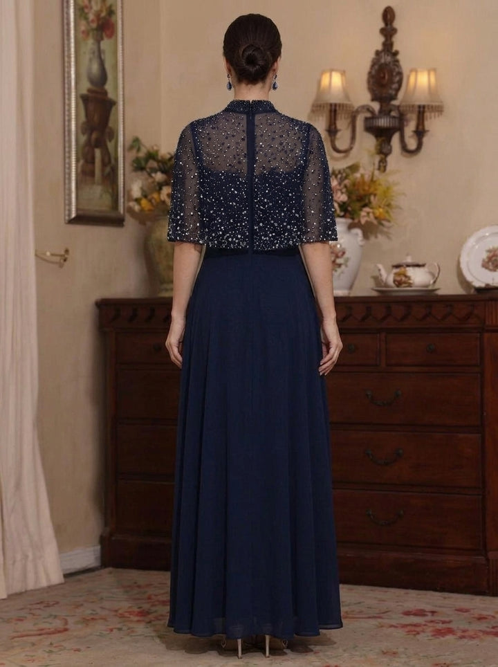 A-Line/Princess Mock Neck Chiffon Mother of the Bride Dresses Beading Floor-Length Cape Sleeves