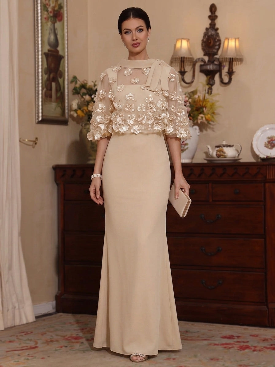 2 Pieces Sheath/Column Scoop Stretch Satin Mother of the Bride Dresses with 3D Flower Floor-Length Cape Sleeves
