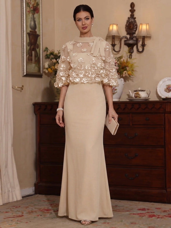 2 Pieces Sheath/Column Scoop Stretch Satin Mother of the Bride Dresses with 3D Flower Floor-Length Cape Sleeves