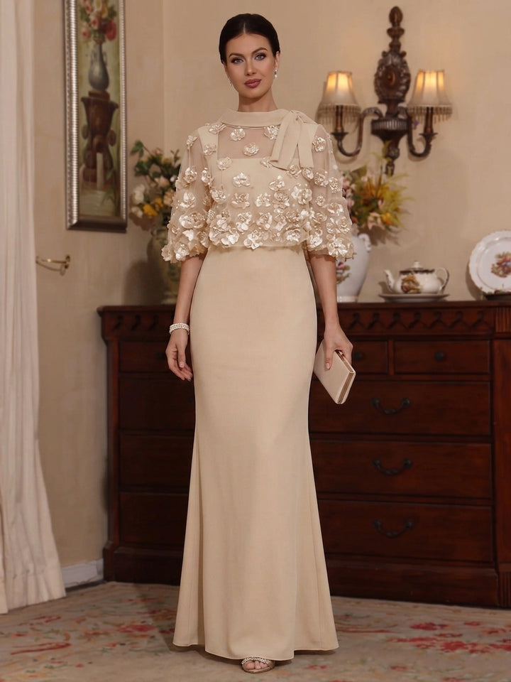 2 Pieces Sheath/Column Scoop Stretch Satin Mother of the Bride Dresses with 3D Flower Floor-Length Cape Sleeves