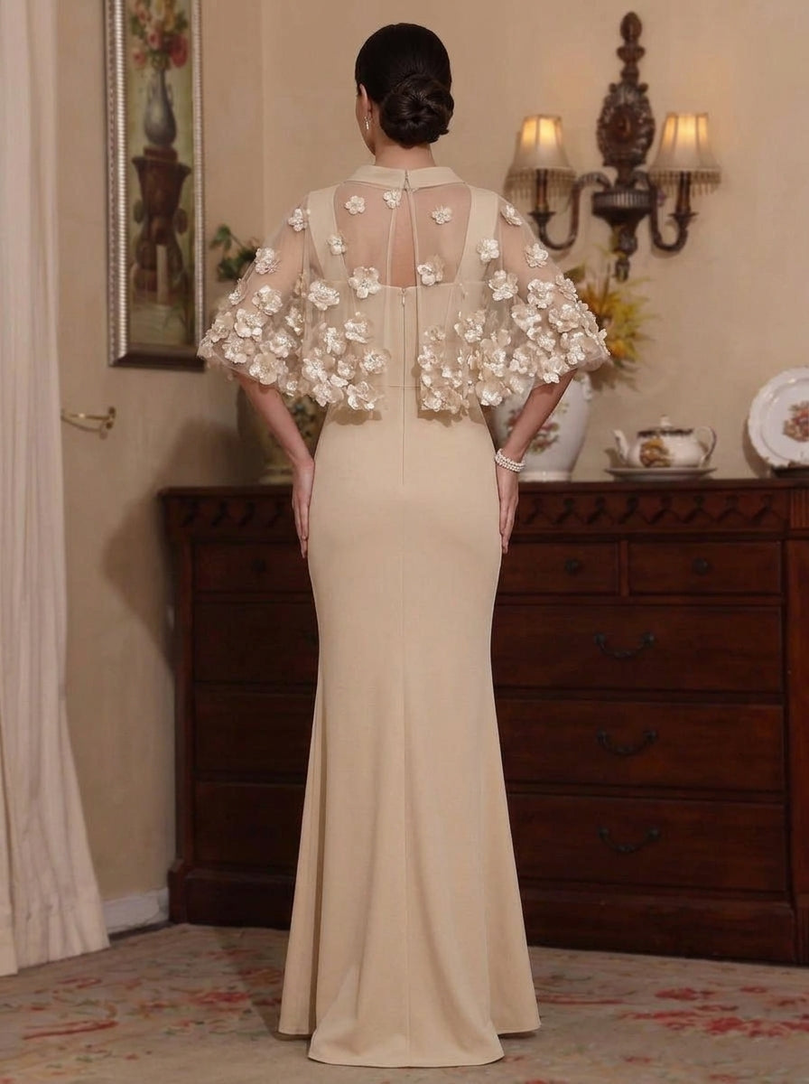 2 Pieces Sheath/Column Scoop Stretch Satin Mother of the Bride Dresses with 3D Flower Floor-Length Cape Sleeves