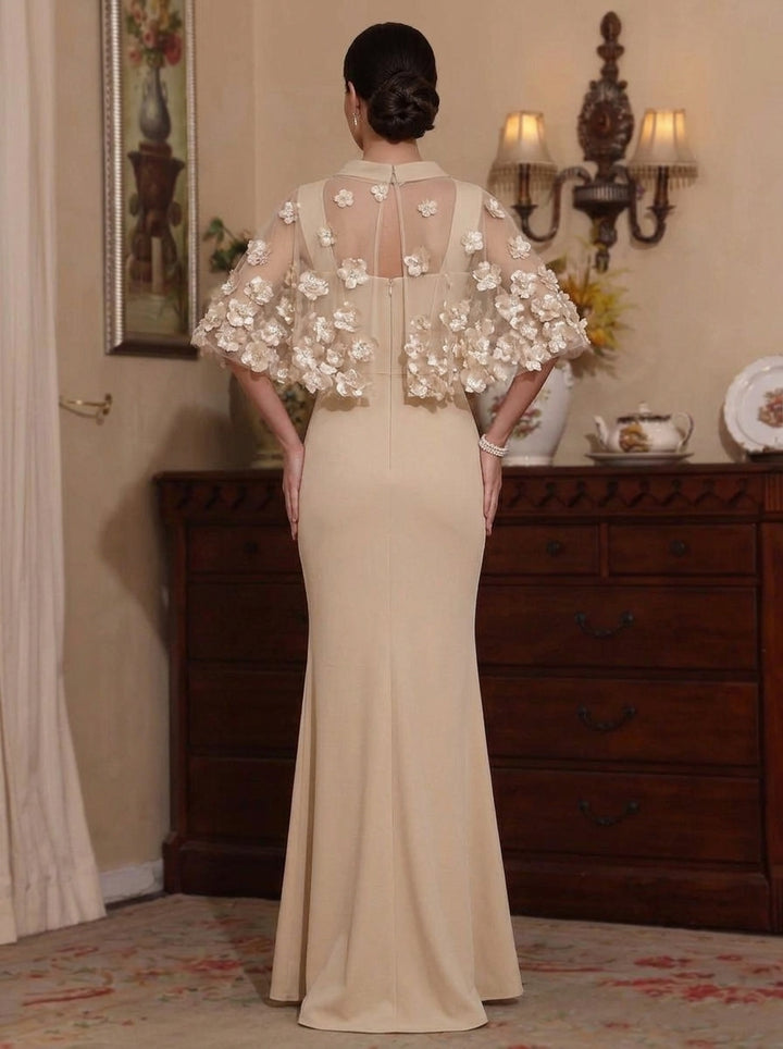 2 Pieces Sheath/Column Scoop Stretch Satin Mother of the Bride Dresses with 3D Flower Floor-Length Cape Sleeves