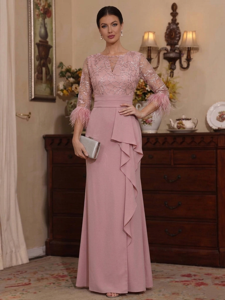 Sheath/Column Scoop Chiffon Mother of the Bride Dresses Feathers Floor-Length 3/4 Sleeves Ruffles