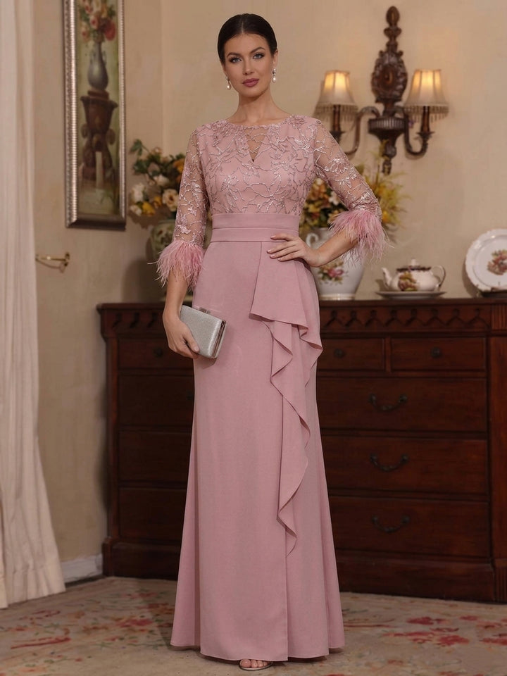 Sheath/Column Scoop Chiffon Mother of the Bride Dresses Feathers Floor-Length 3/4 Sleeves Ruffles