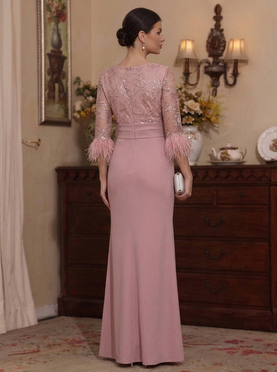 Sheath/Column Scoop Chiffon Mother of the Bride Dresses Feathers Floor-Length 3/4 Sleeves Ruffles
