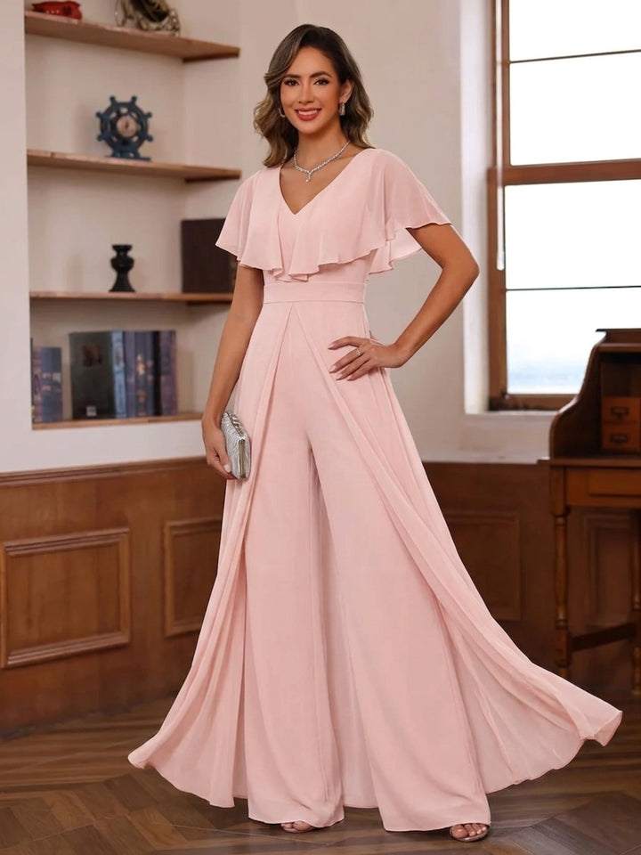 Jumpsuit V-Neck Chiffon Mother of the Bride Pantsuits with Overskirt Ruffles Floor-Length Short Sleeves