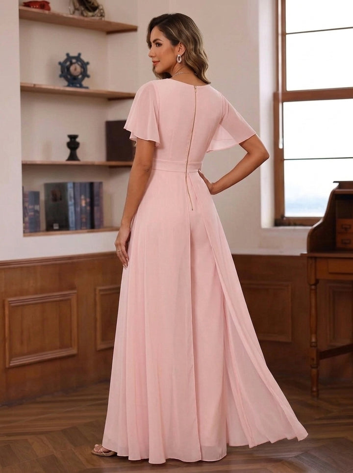 Jumpsuit V-Neck Chiffon Mother of the Bride Pantsuits with Overskirt Ruffles Floor-Length Short Sleeves